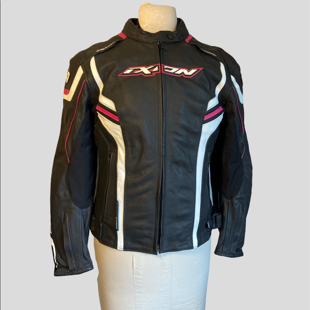 Women's Black Leather Motorcycle Jacket with White & Pink Accents